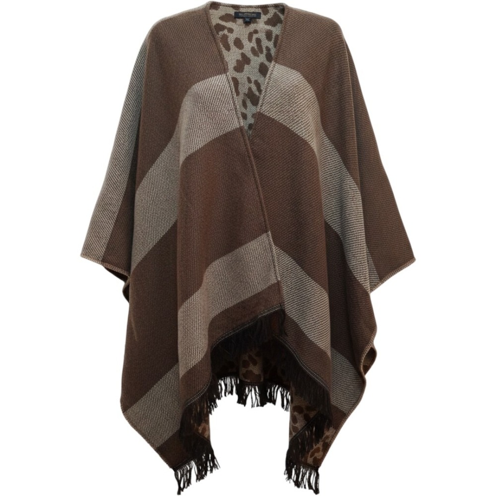 Harve Benard Reversible Poncho Brown Leopard Stripe Fringed Wrap One Size